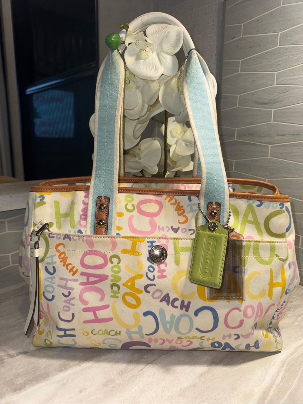 EUC Coach Multi-Color Logo Double Strap Shoulder Bag w/ Two Large Hang Tags